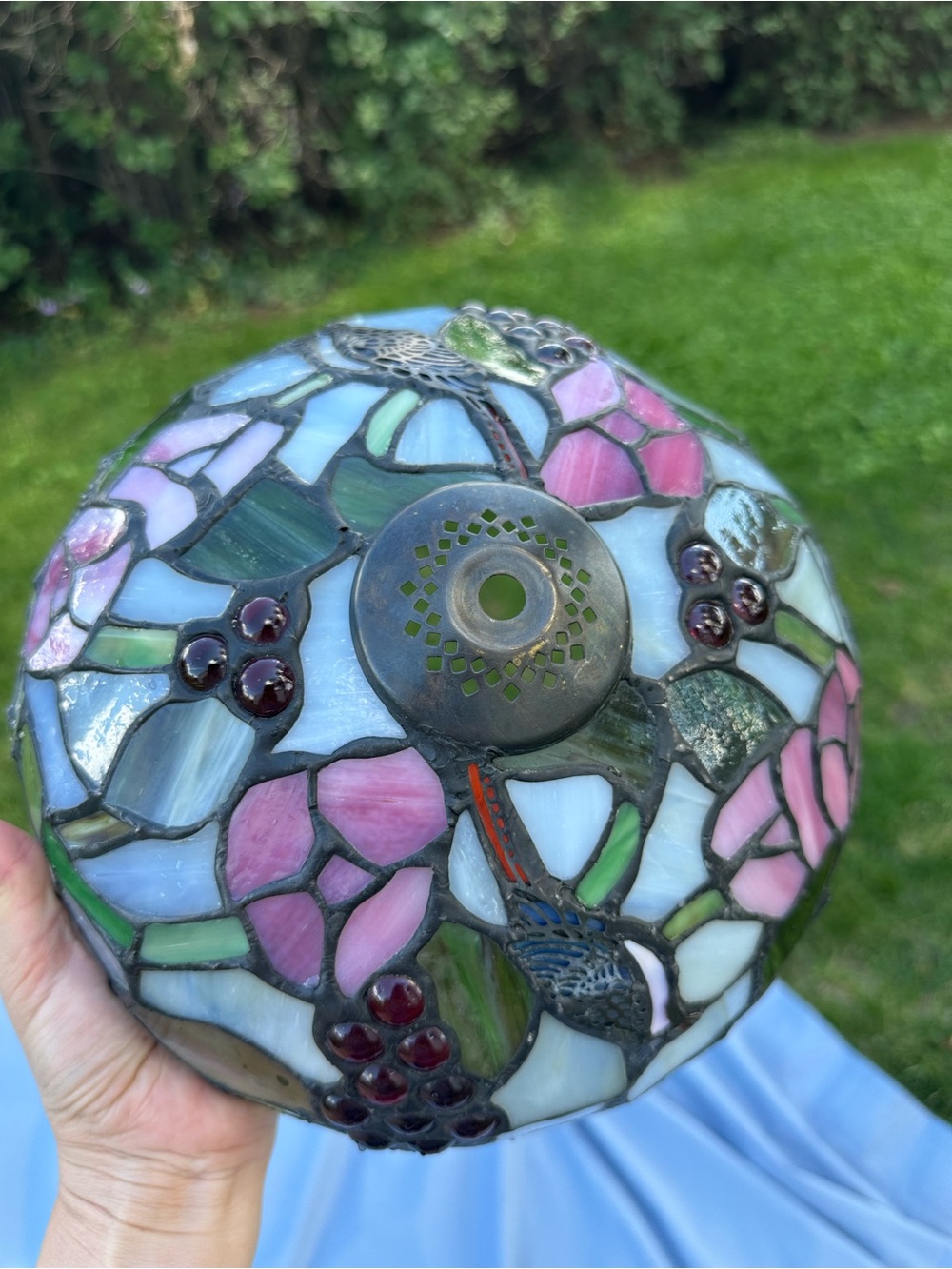TWO Vtg Stained Glass Table Lamp Shade,Tiffany Style, Purple Pink Floral Grapes